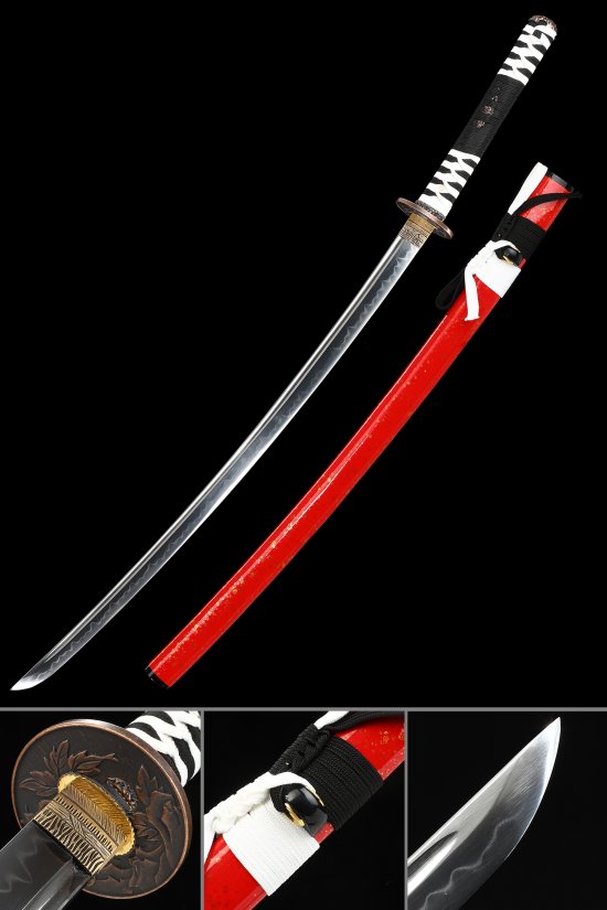 T10 Carbon Steel Red Katana with Clay Tempered Blade - Black-White Cord Handle, Bronze Flower Tsuba