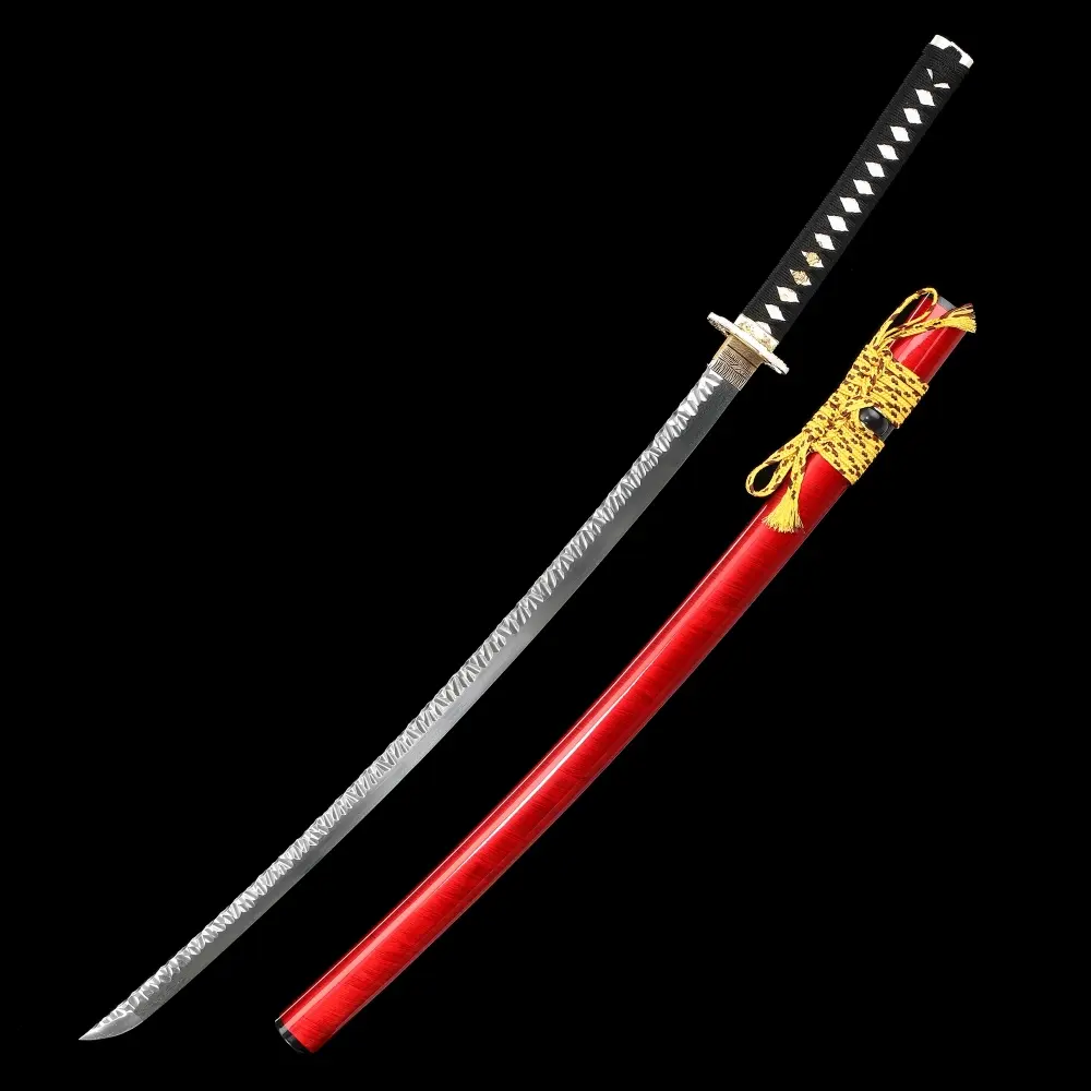 Red Katana | Damascus Steel Katana with Flower Tsuba in Red