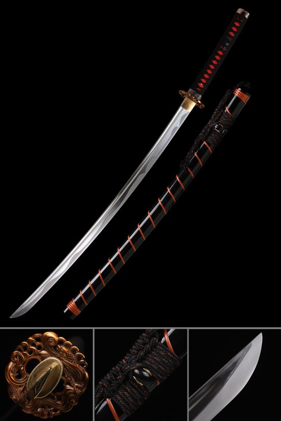 1090 Carbon Steel Katana with Koi Bronze Tsuba in Black-Orange Saya - Full Tang Replica