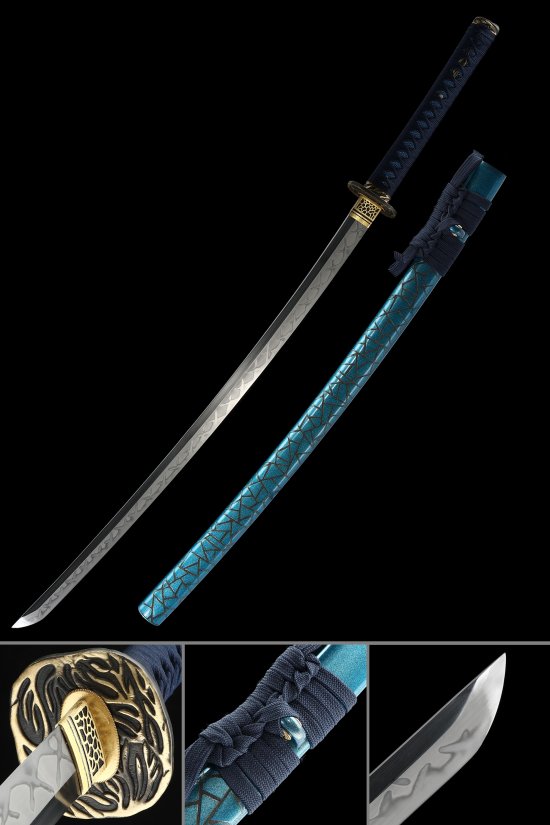 T10 Carbon Steel Katana with Wave-Engraved Teal Saya in Dark Blue Cord Wrap - Dragon Tsuba