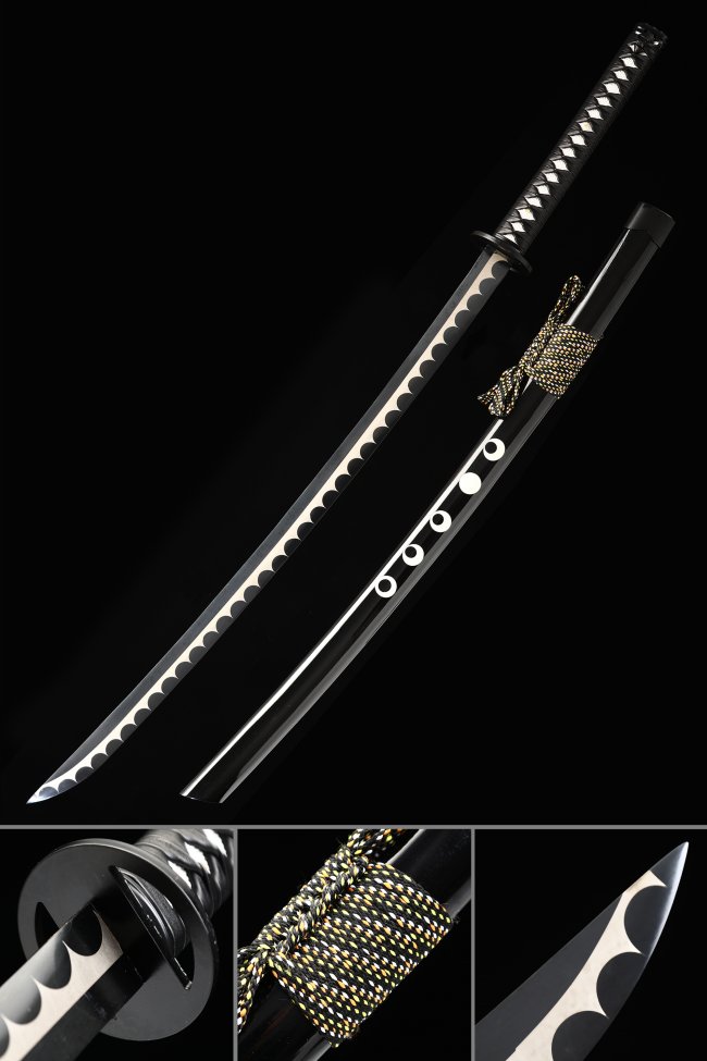 Nihonto Katana Sword in Manganese Steel with Black Blade and Moon-Phase Saya Design