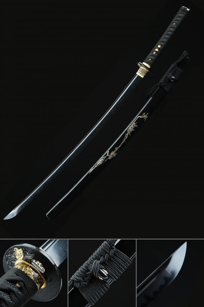 Black Katana - T10 Carbon Steel Clay Tempered Katana with Engraved Saya and Orchid Alloy Tsuba