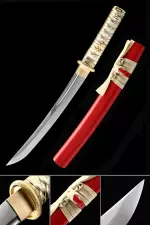 Handmade Japanese Tanto Sword 1090 Carbon Steel With Red Scabbard