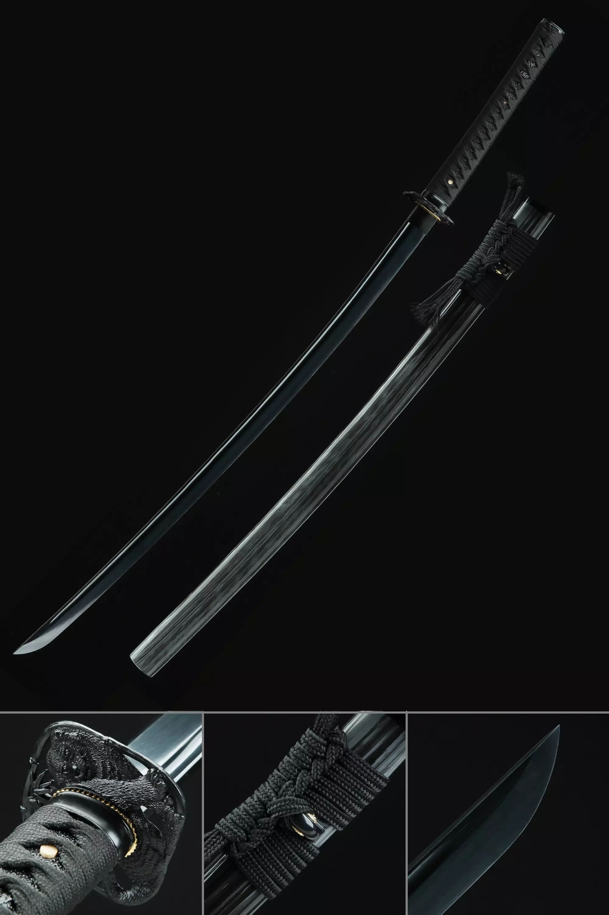 Handmade Japanese Katana Sword High Manganese Steel With Black Blade And Scabbard