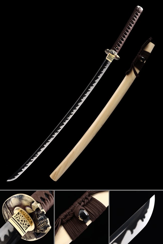 Manganese Steel Black Blade Katana with Gold Skull Tsuba - Natural Wood Saya, Brown Ito