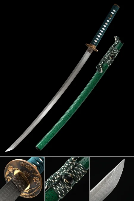 Handmade Full Tang Katana Sword Damascus Steel With Green Scabbard