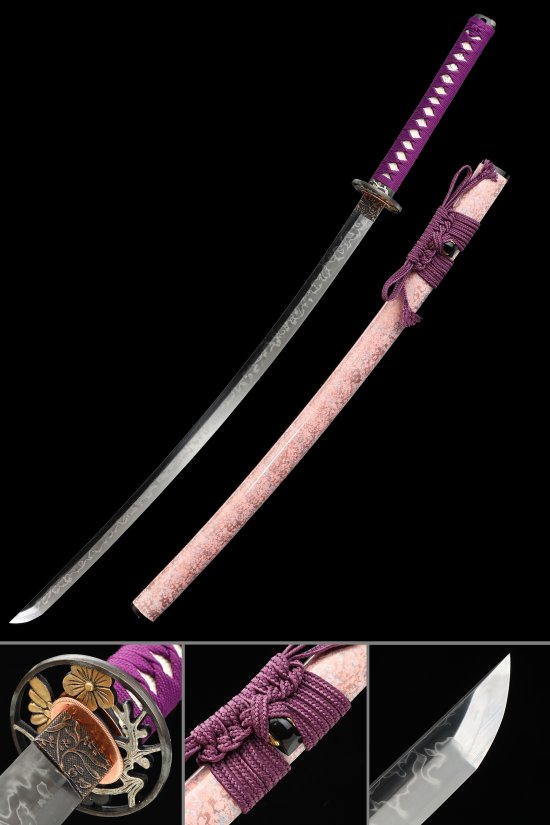 Chrysanthemum Tsuba T10 Carbon Steel Katana, Pink Saya & Purple Tsuka