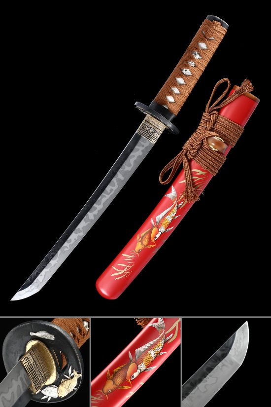 T10 Carbon Steel Tanto with Red Koi-Painted Saya and Brown Cord Handle