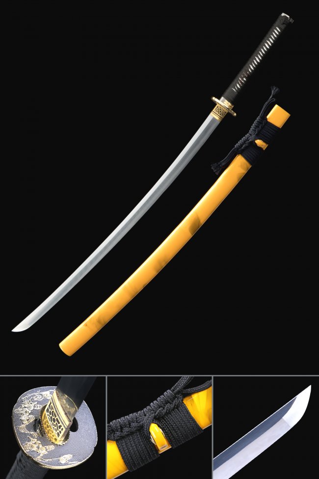 Spring Steel Katana with Yellow Lacquered Saya - Dragon Tsuba, Black Ito, 28.74" Blade