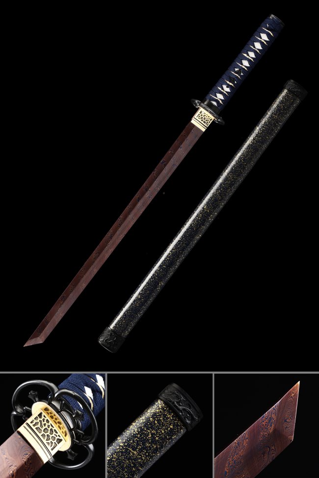 Damascus Steel Ninjato with Dark Red Folded Blade, Blue Ito & Black-Gold Lacquer Saya