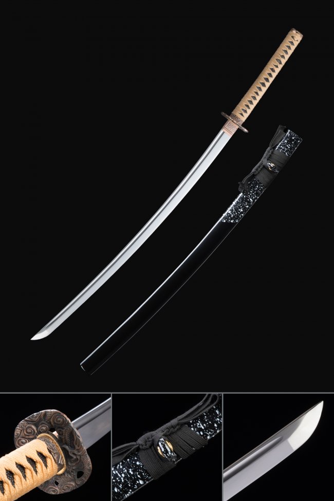 Manganese Steel Katana with Black-White Speckled Saya - Beige Cord Handle, Dragon Tsuba