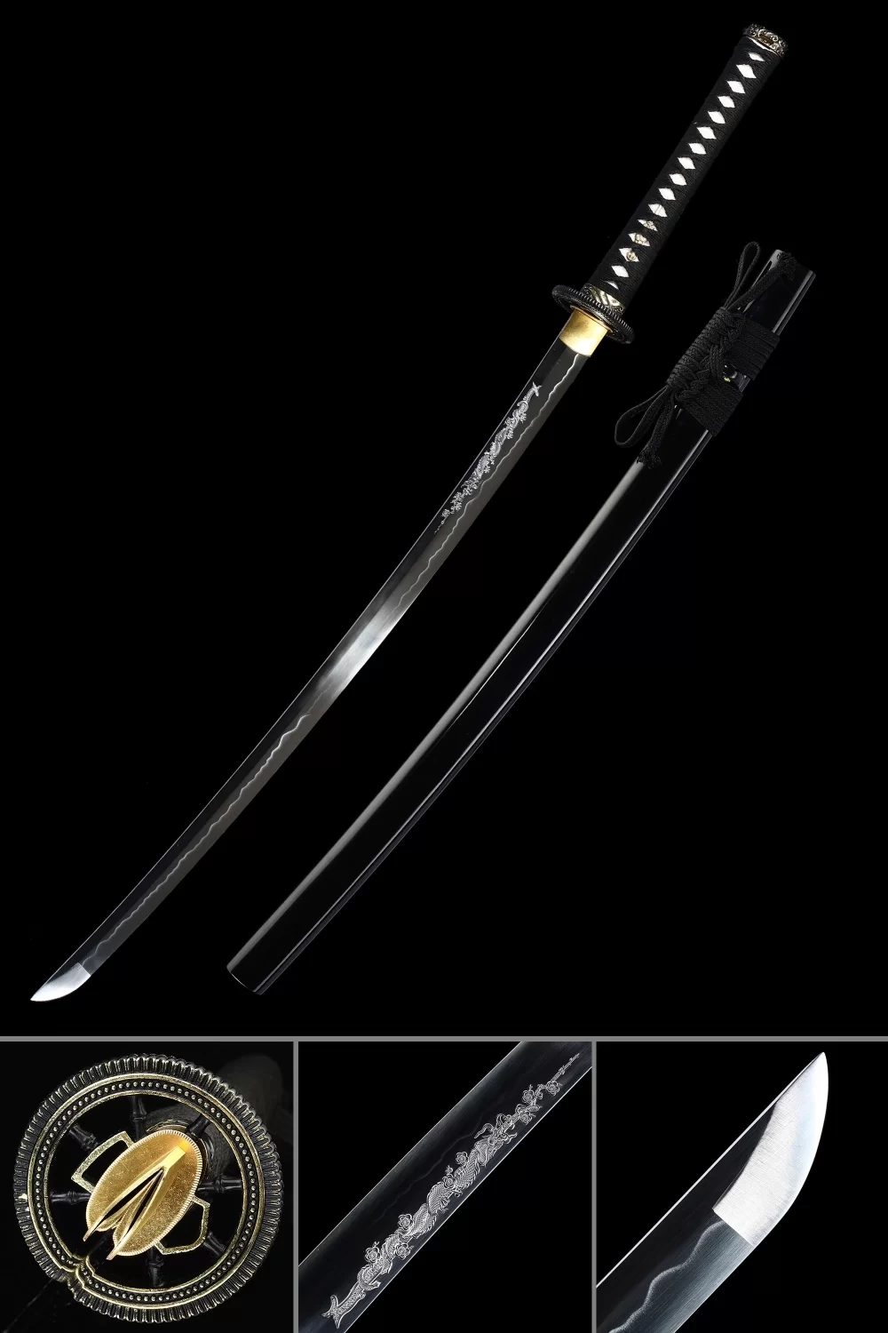 1090 Carbon Steel Katana with Dragon Engraving - Full Tang, Black