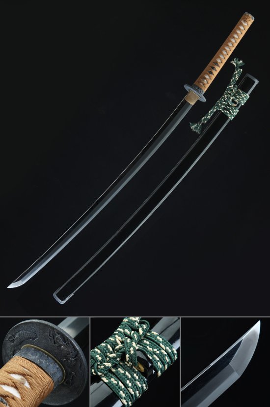 Tamahagane Steel Katana with Black Lacquer Saya - Dragon Tsuba, Brown Ito, Green Sageo