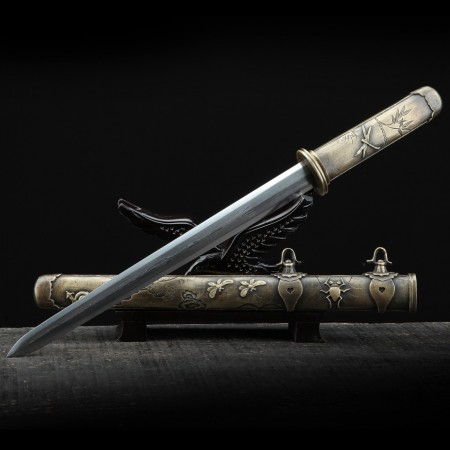 Double Edged Short Sword, Handmade Chinese Dagger Damascus Steel Fully Copper