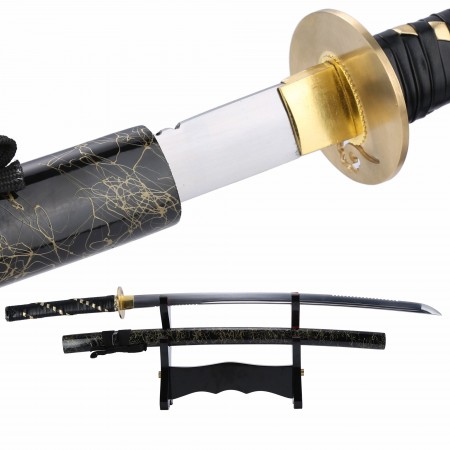 Handmade Gold Tsuba Katana Real Katana Japanese Samurai Swords With Black Scabbard