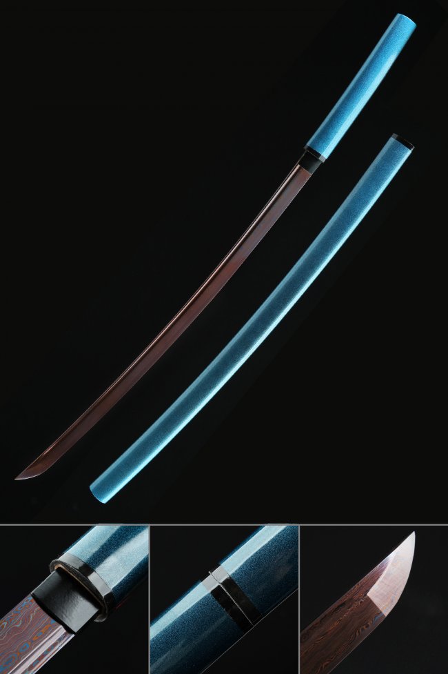 Damascus Steel Shirasaya Katana with Red Folded Blade in Blue Piano Lacquer Saya - Full Tang Collectible Sword