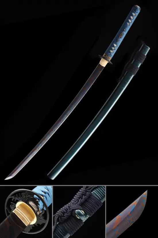 Handmade Japanese Katana Sword With Blue Blade And Scabbard