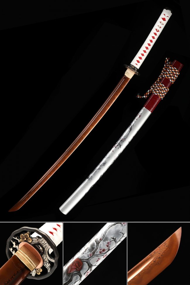 Damascus Steel Katana with Cherry Blossom Engraving - Brown Saya, White-Red Tsuka, Chrysanthemum Tsuba