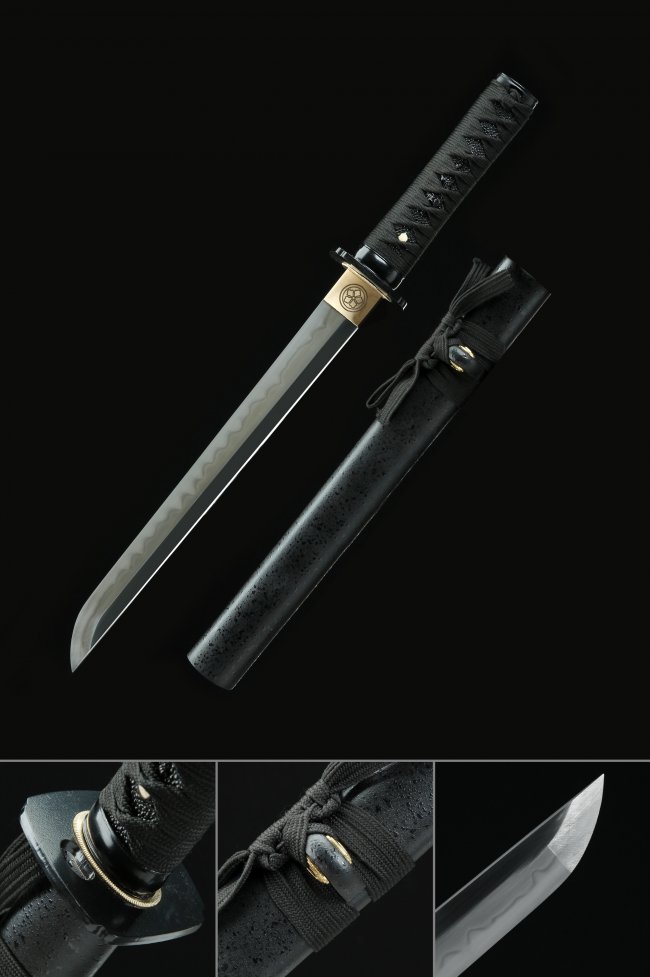 T10 Carbon Steel Hamidashi Tanto with Real Hamon in Black Piano Lacquer Saya - Gold Habaki Accent