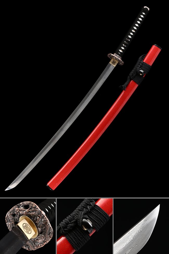 Damascus Steel Katana with Red Lacquer Saya - Bronze Dragon Tsuba, Black Ito Wrap