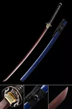 Handmade Japanese Katana Sword Damascus Steel Red Blade And Blue Scabbard
