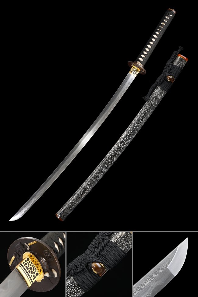 Damascus Steel Real Katana with Rayskin Saya - Full Tang, Gold-Black Tsuba, Black Ito