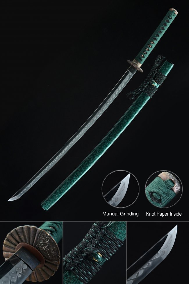 T10 Clay Tempered Katana with Real Hamon in Green Saya - Full Tang Collectible Sword with Copper Tsuba