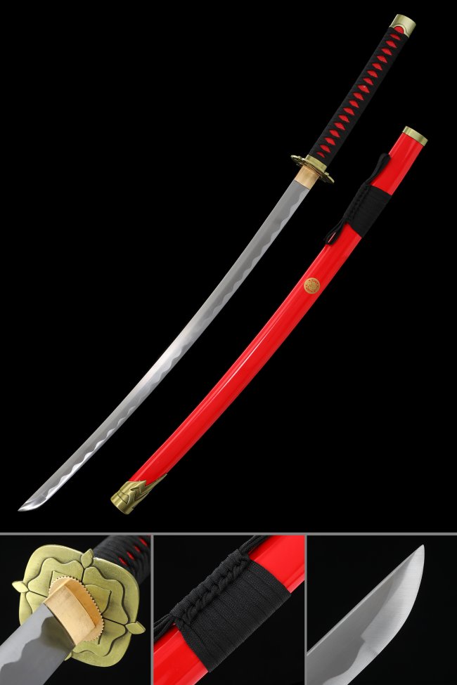 1060 Carbon Steel Katana with Red Lacquered Hardwood Saya - Gold Peony Tsuba, Black-Red Tsuka