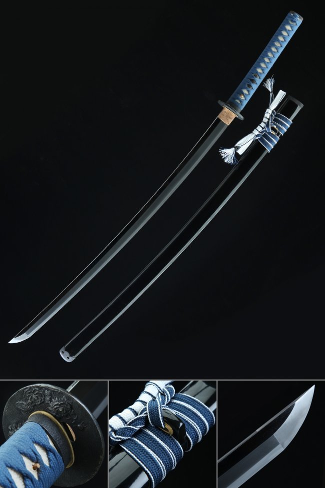 Flower Tsuba Tamahagane Steel Katana, Premium, Black Saya & Blue White Tsuka