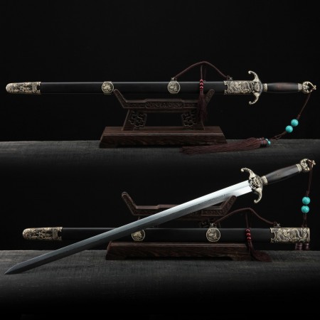 Handmade Dragon Tiger Theme Black Sandalwood Real Chinese Swords