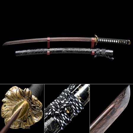Handmade Brown Wooden Blade Unsharpened Katana Sword With Black Scabbard And Leaf Tsuba