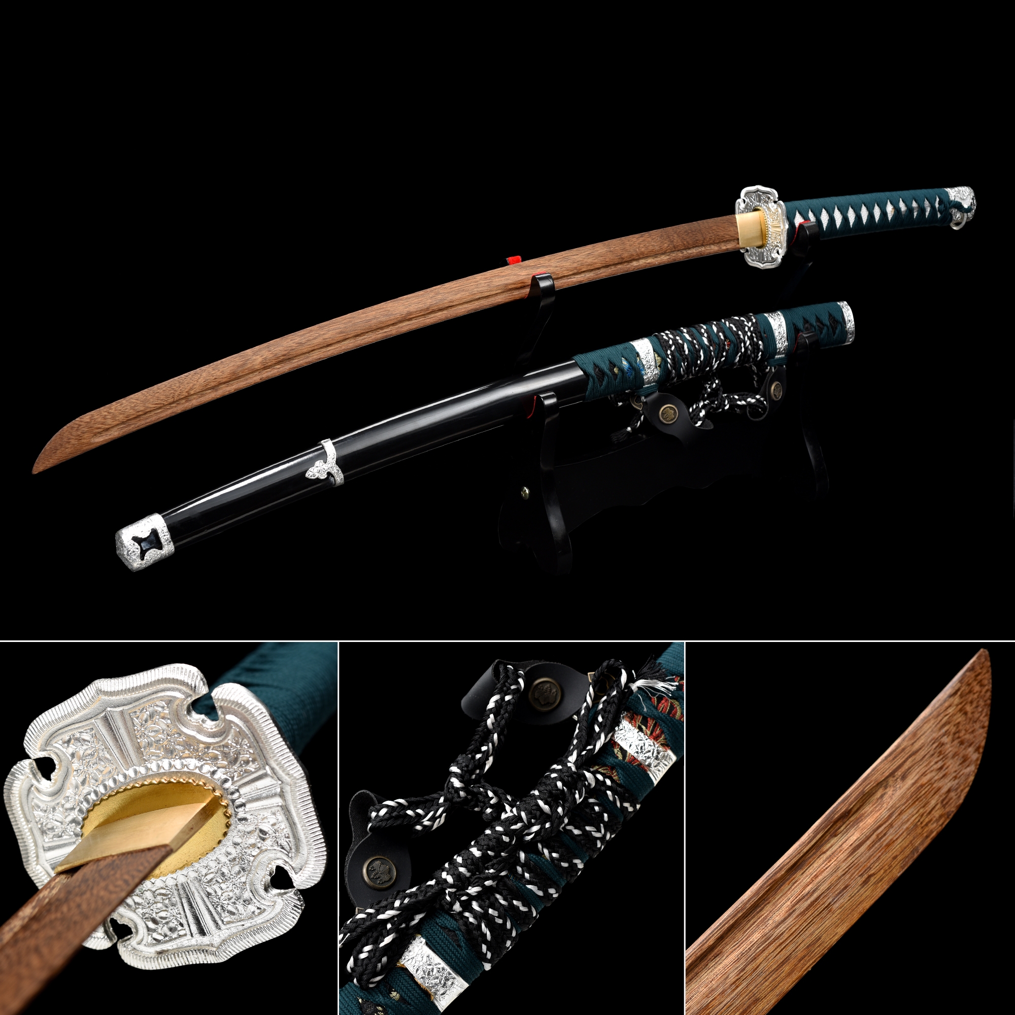 Handmade Brown Wooden Blunt Unsharpened Blade Katana Sword With Black Scabbard And Alloy Tsuba