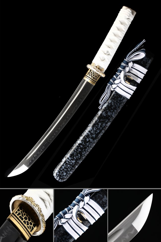T10 Carbon Steel Clay Tempered Tanto with Real Hamon - Speckled Black Saya in White Tsuka Wrap