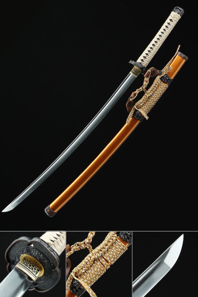 1095 Carbon Steel Tachi Sword with Orange Lacquer Saya - White-Black Tsuka, Chrysanthemum Tsuba