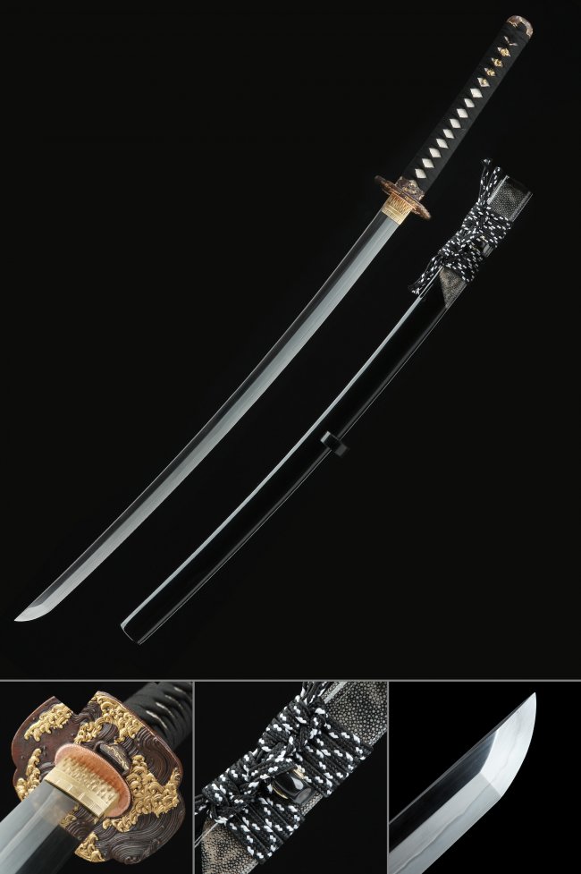 T10 Clay Tempered Japanese Katana - Real Hamon, Black Saya, Hand Forged Full Tang