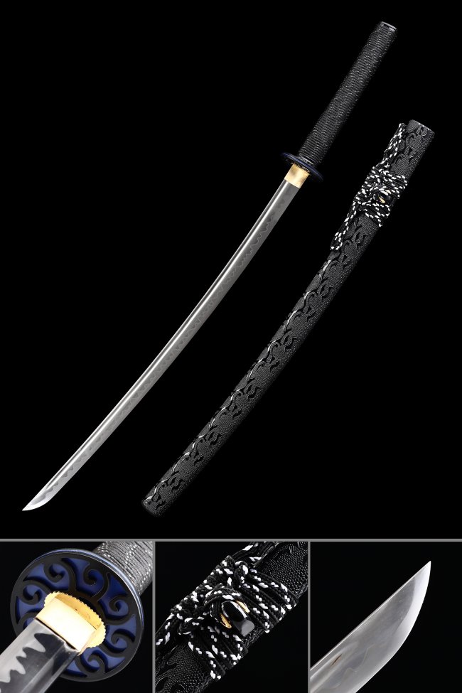 Manganese Steel Katana with Blue Scroll Tsuba in Black Dragon-Embossed Leather Saya