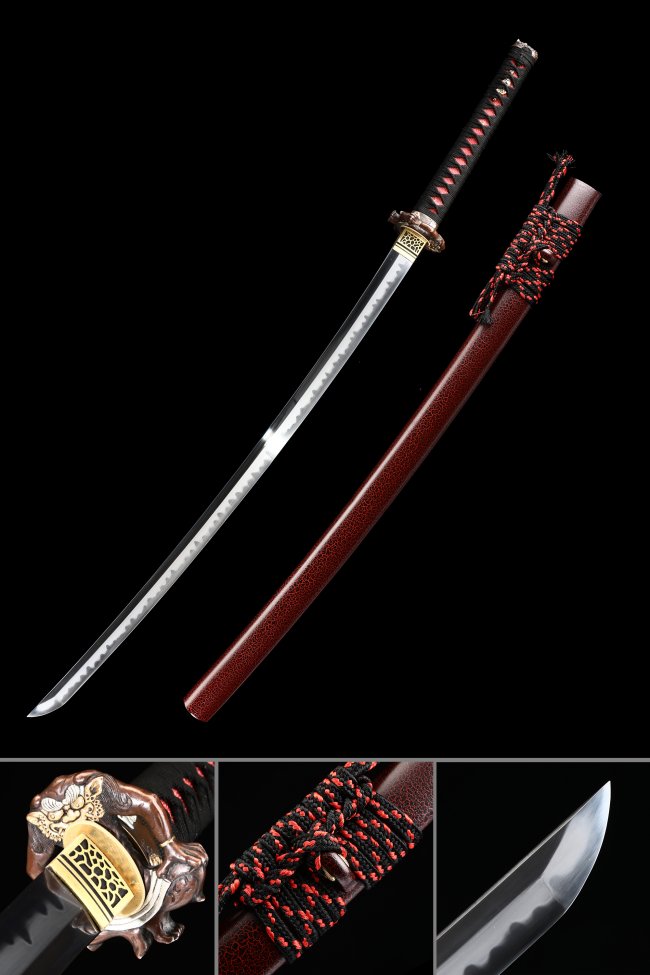 T10 Steel Hand Forged Katana with Clay Tempered Blade, Dark Red Lacquer Saya - Lion Tsuba