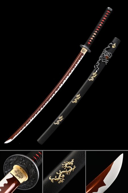 Épée De Samouraï Japonais Faite à La Main Avec Lame Rouge Cramoisie