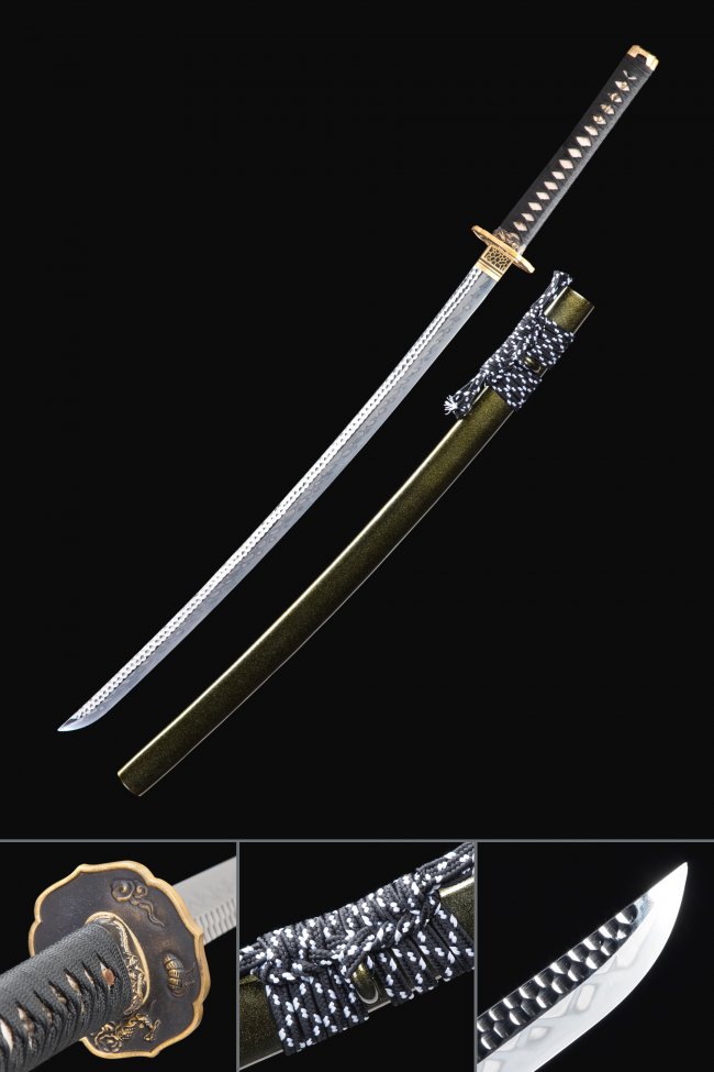 T10 Carbon Steel Katana with Real Hamon in Olive Hardwood Saya - Dragon Tsuba, Black-White Sageo