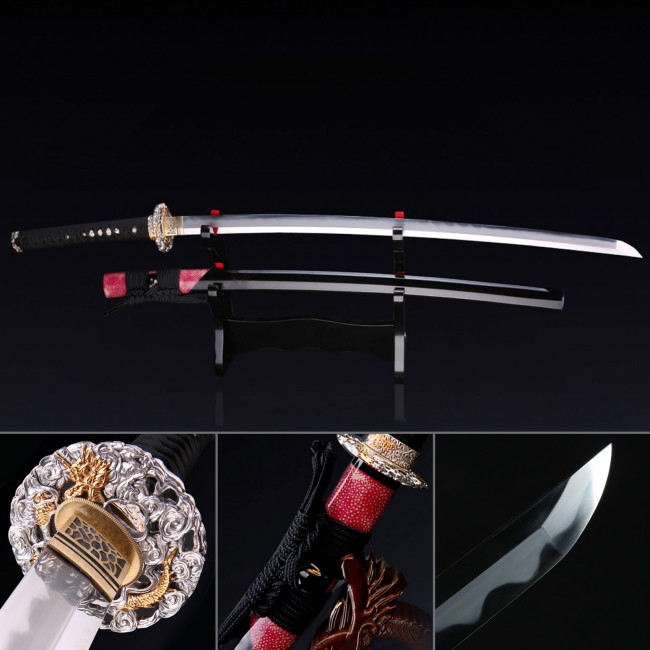 T10 Steel Katana with Dragon Tsuba in Black Lacquer Saya - Red Sageo, Real Hamon