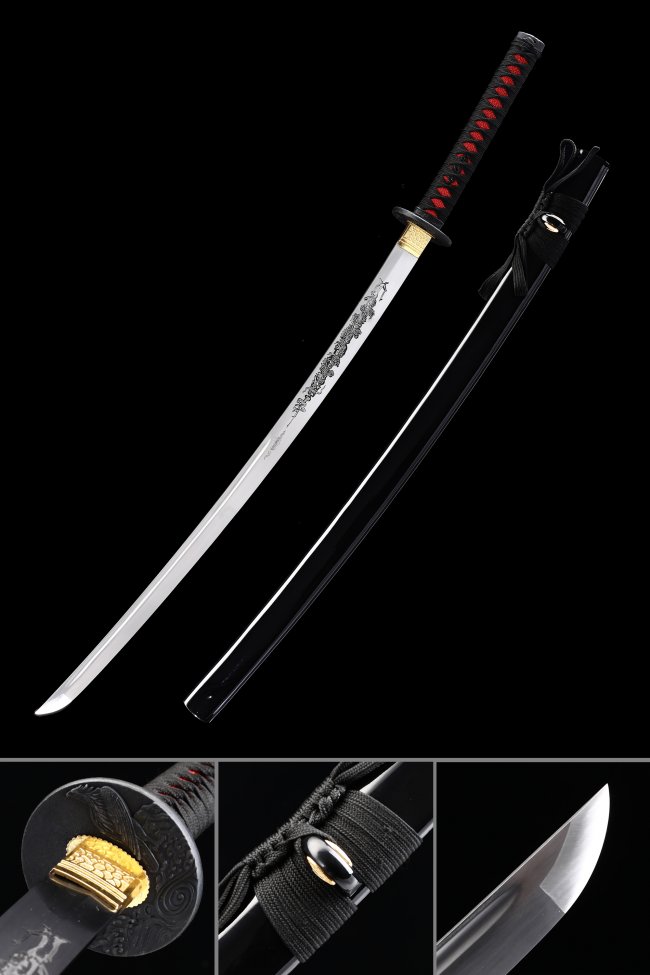 1095 Carbon Steel Katana with Dragon Carved Blade in Black Piano Lacquer Saya - Red and Black Tsuka