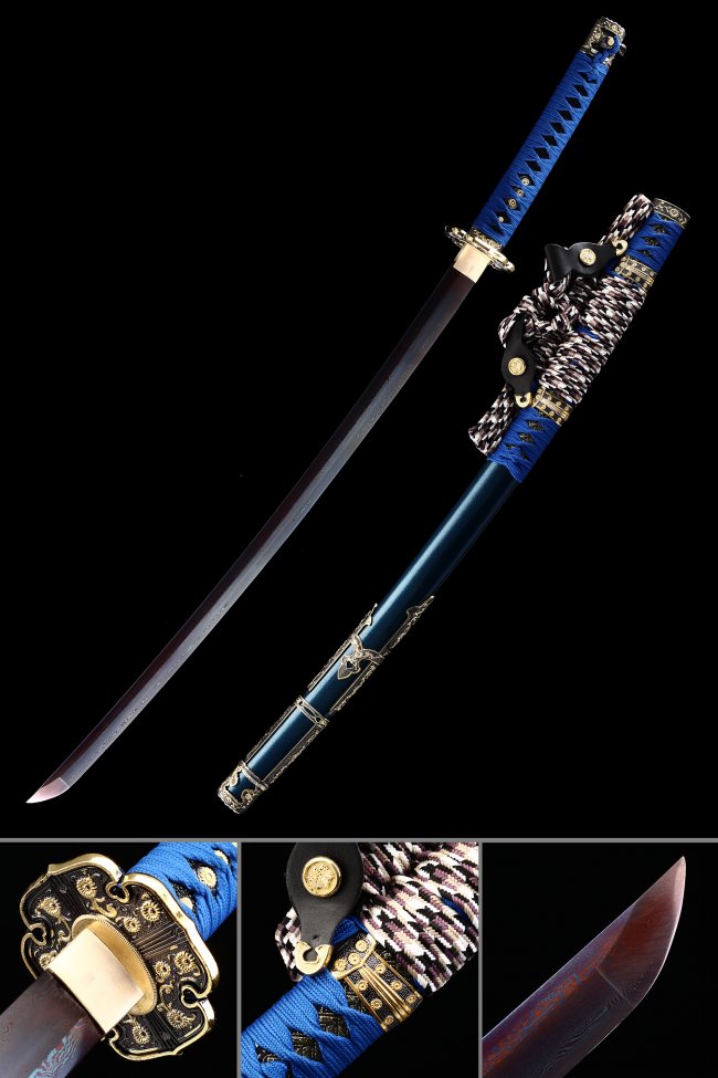Damascus Steel Tachi Sword with Clay-Tempered Red Blade in Blue Piano Lacquer Saya with Gold Floral Tsuba
