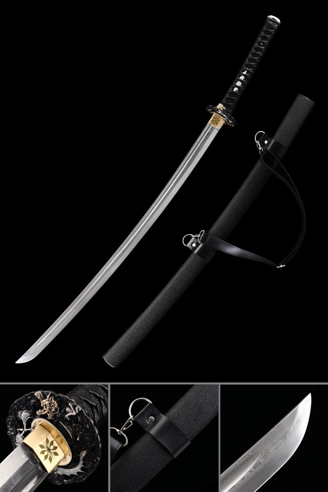 Damascus Steel Katana with Dragon Tsuba - Black PU Leather Saya, Full Tang Blade