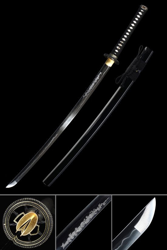 1090 Carbon Steel Katana with Dragon Engraving - Full Tang, Black Lacquer Saya, Gold-Black Tsuba