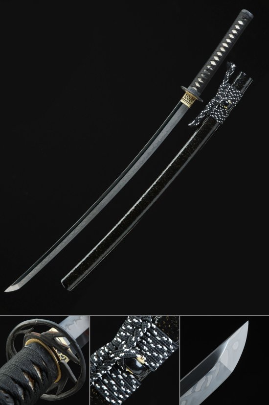Bamboo Tsuba T10 Carbon Steel Katana, Real Hamon, Full Tang & Black Saya