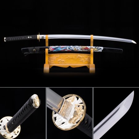 Handmade Japanese Nihonto Samurai Sword With Colored Dragon Scabbard