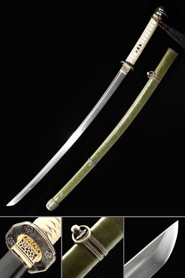 WWII Type 98 Shin Gunto Officer Katana - T10 Clay Tempered Steel with Olive Green Leather Saya