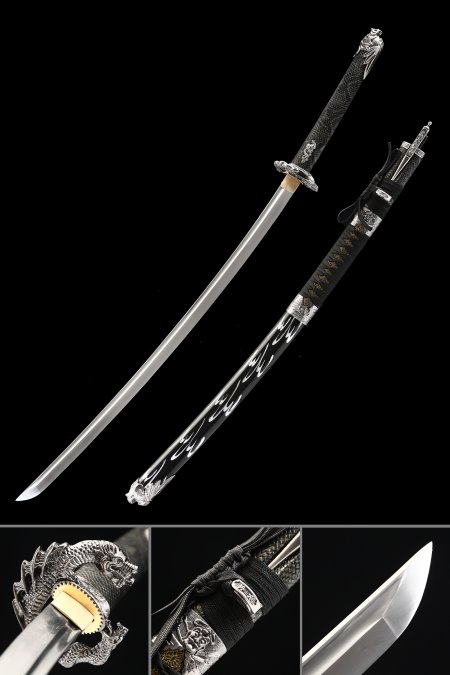 Épée De Samouraï Japonais Faite à La Main En Acier Au Manganèse Avec Fourreau Noir Et Dragon Tsuba