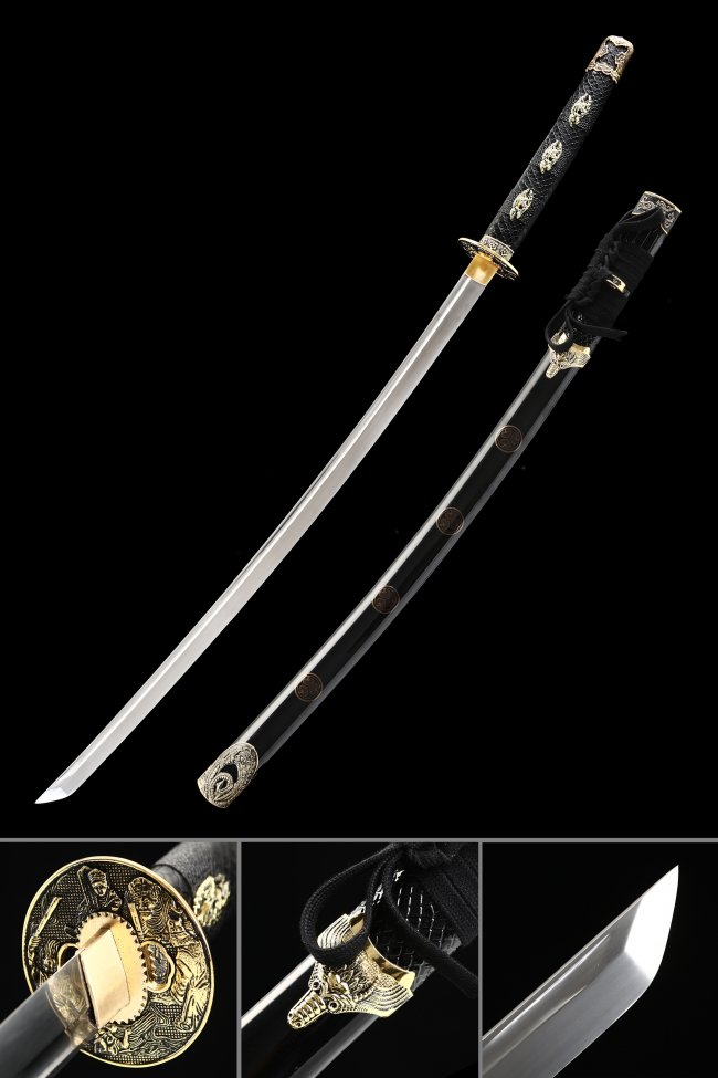 Manganese Steel Katana with Gold Samurai Tsuba in Black-Gold Koshirae - Full Tang