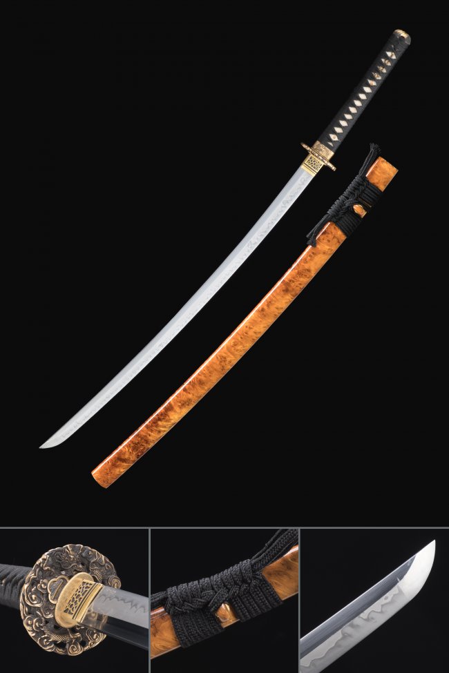T10 Folded Steel Katana with Clay-Tempered Hamon in Orange Hardwood Saya - Dragon Tsuba